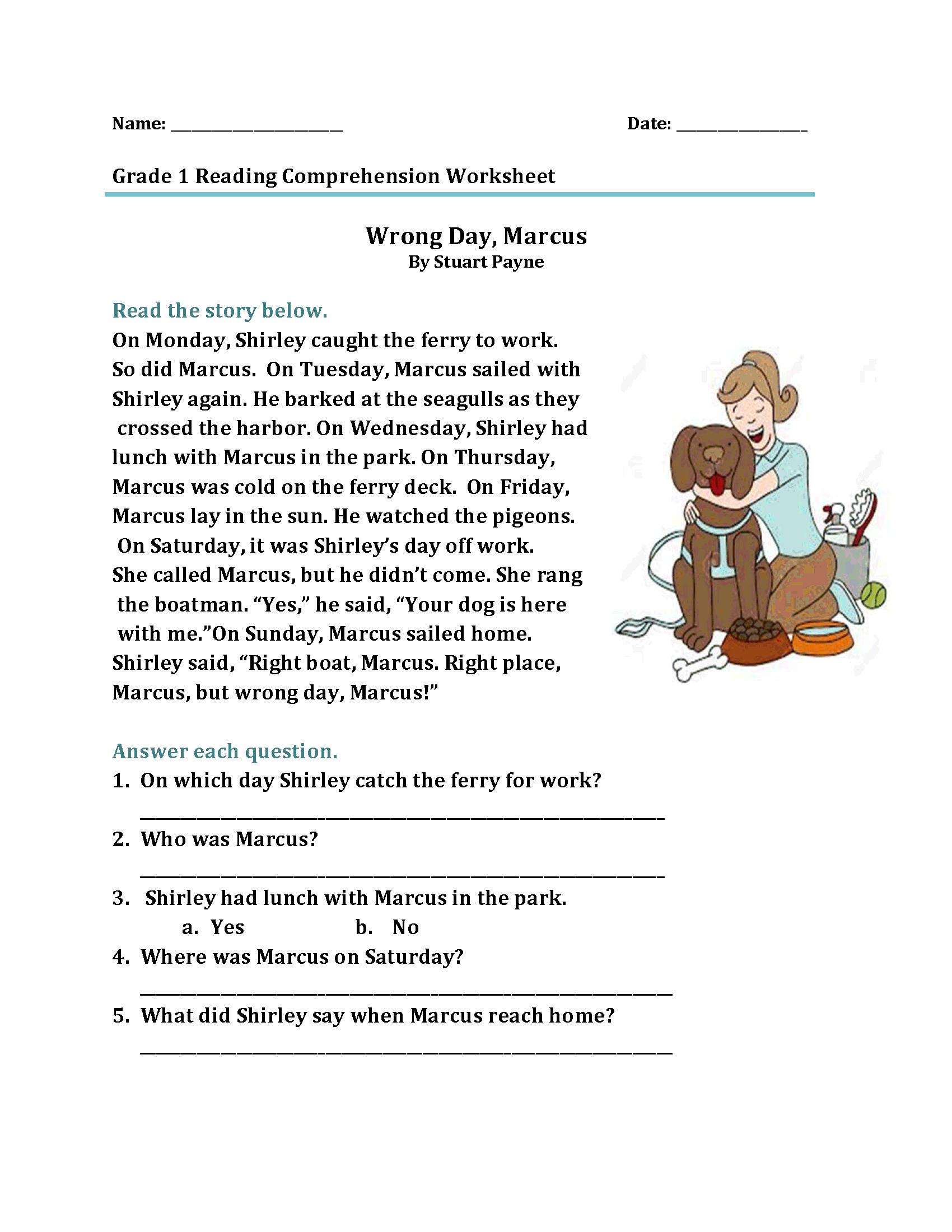 Printable Reading Comprehension Worksheets For 1st Graders