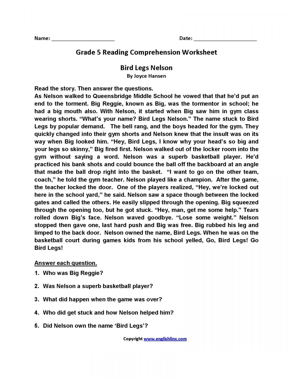 Free Printable Fifth Grade Reading Comprehension Worksheets