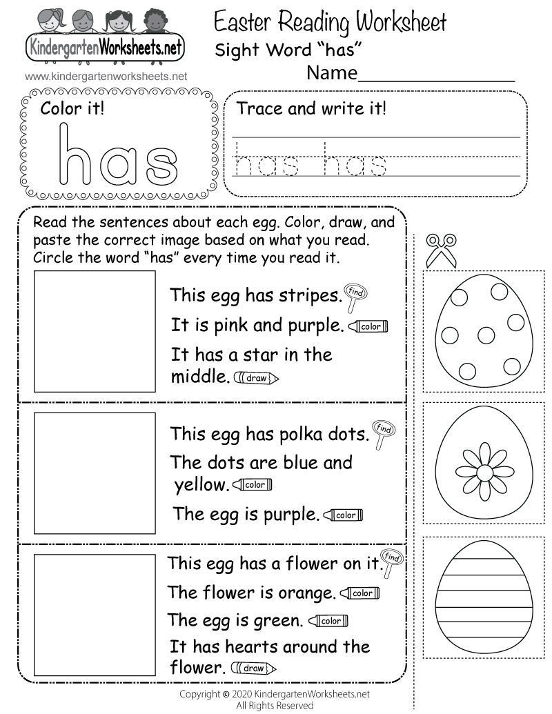 Easter Reading Worksheet For Kindergarten