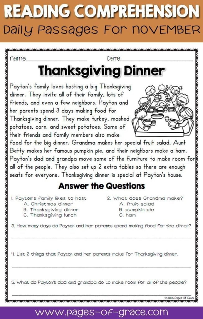 Free Printable Thanksgiving Reading Comphension Worksheets