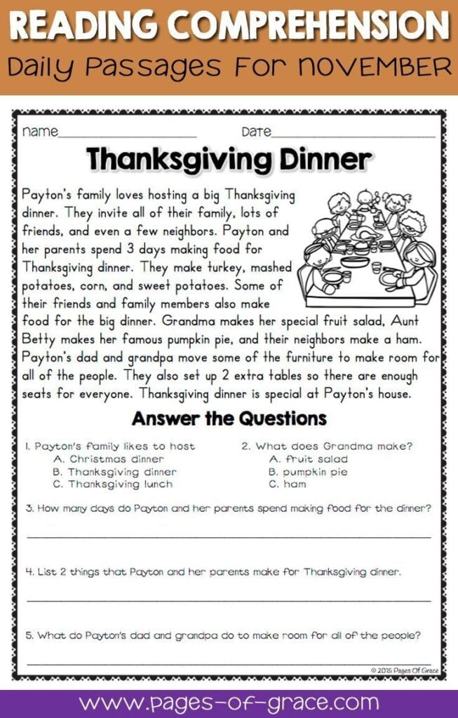 Free Printable Thanksgiving Reading Comprehension Worksheets Reading 