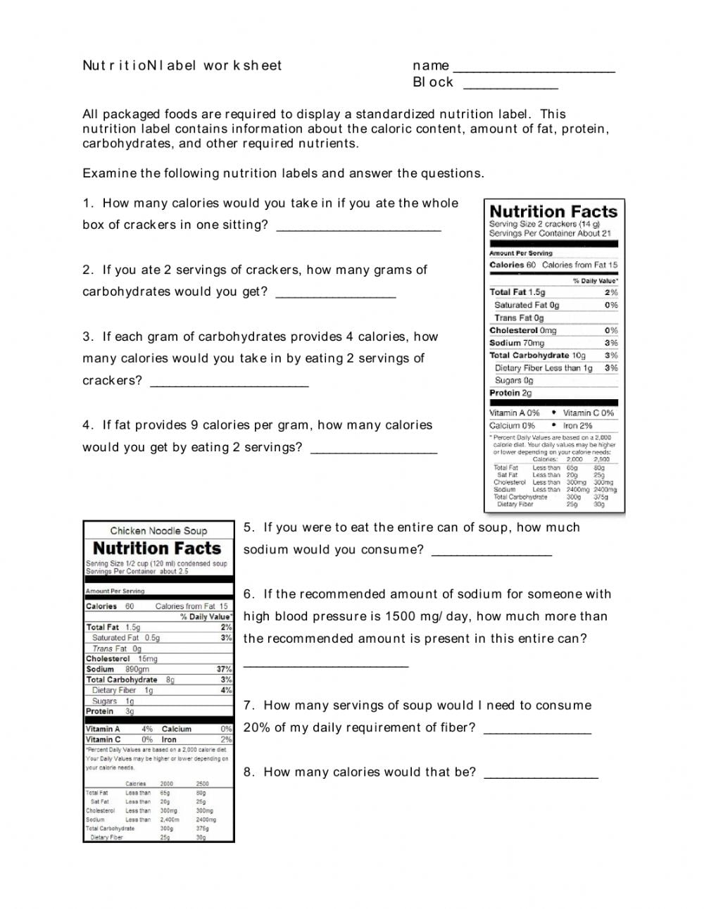Reading Nutrition Labels Free Printable Worksheet For Kids