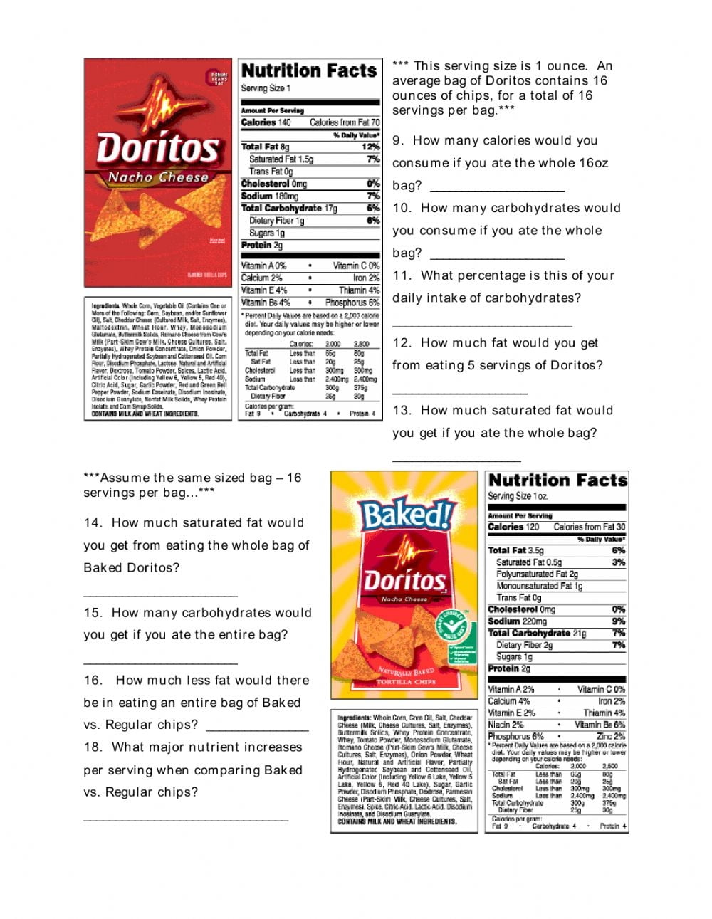 Free Printable Reading Food Labels Worksheet