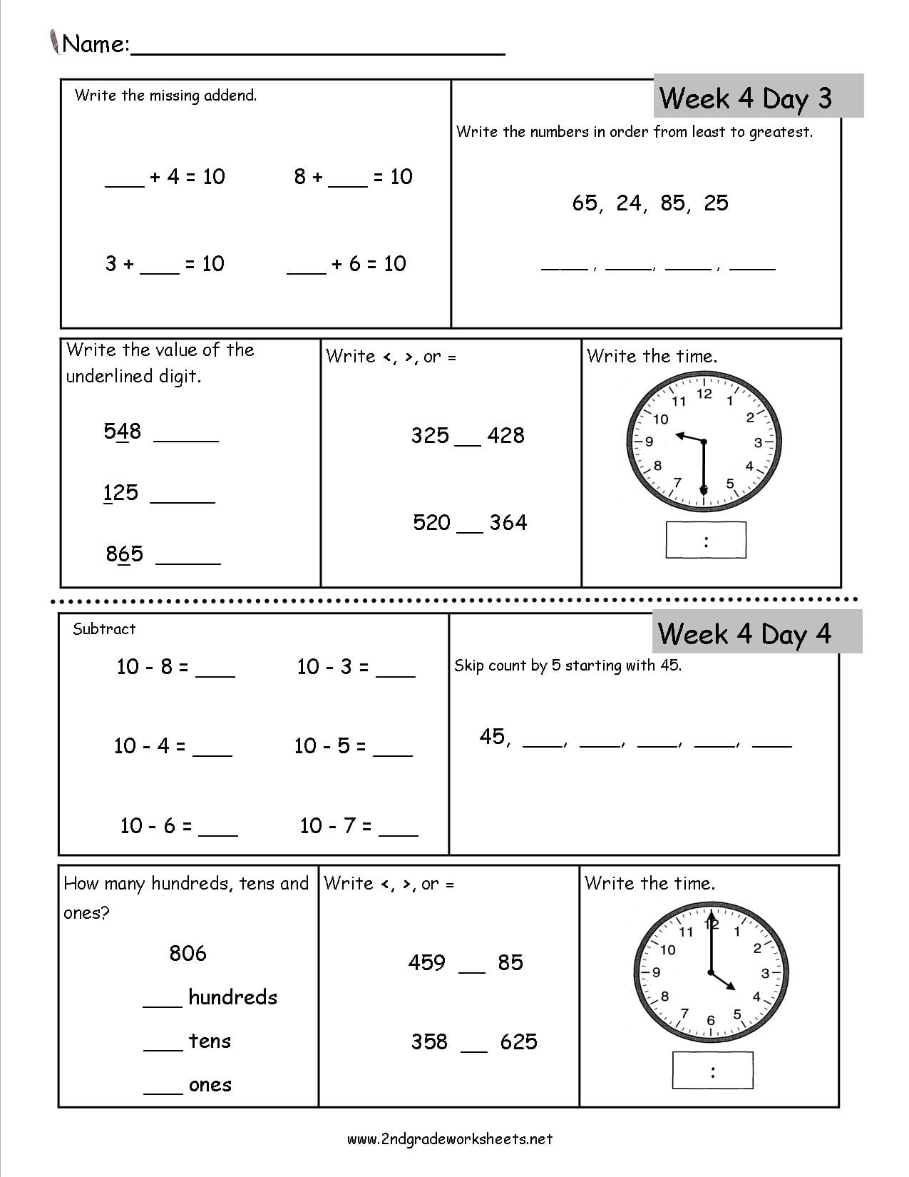 Free 2nd Grade Daily Math Worksheets