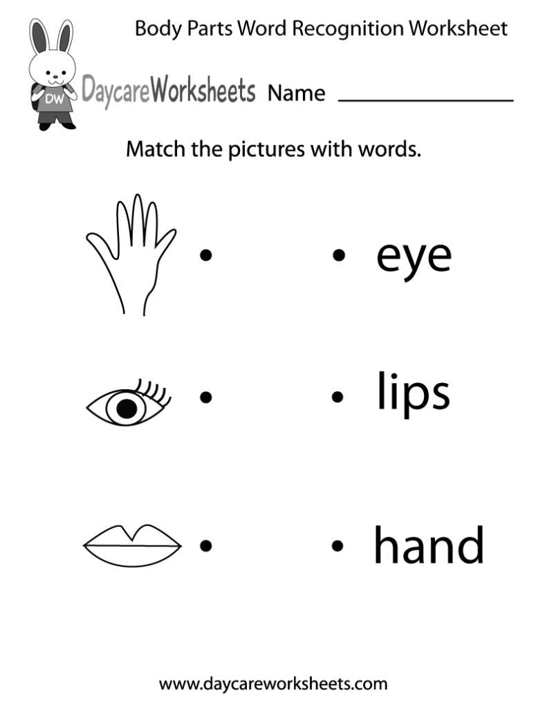 Free Body Parts Word Recognition Worksheet For Preschool