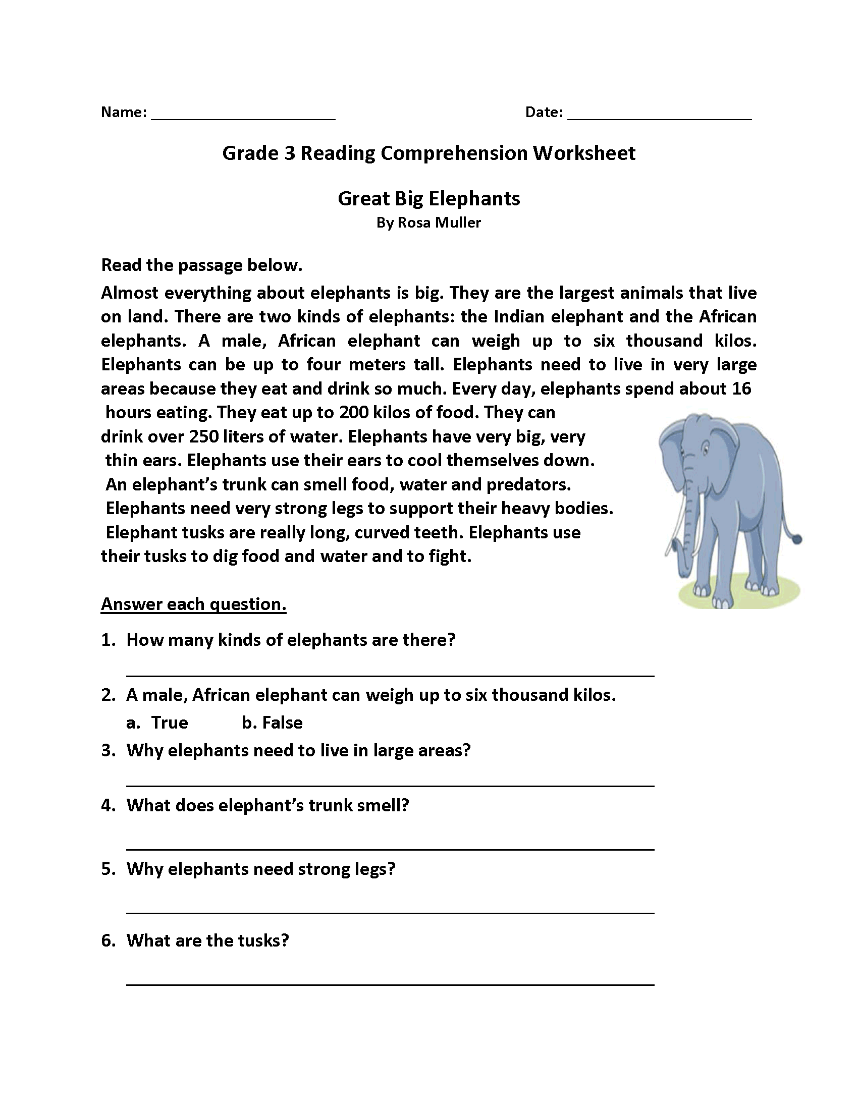 3rd Grade Reading Comprehension Free Printable Worksheets