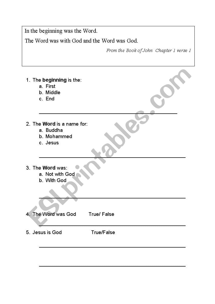Printable Bible Reading Comprehension Worksheets