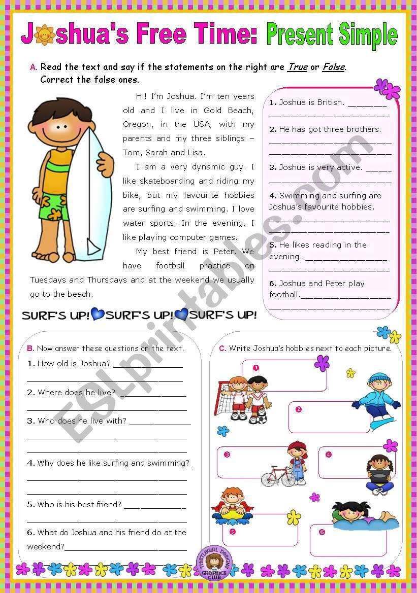 Joshua s Free Time Present Simple Reading Comprehension Leading To Writing ESL Worksheet By Mena22