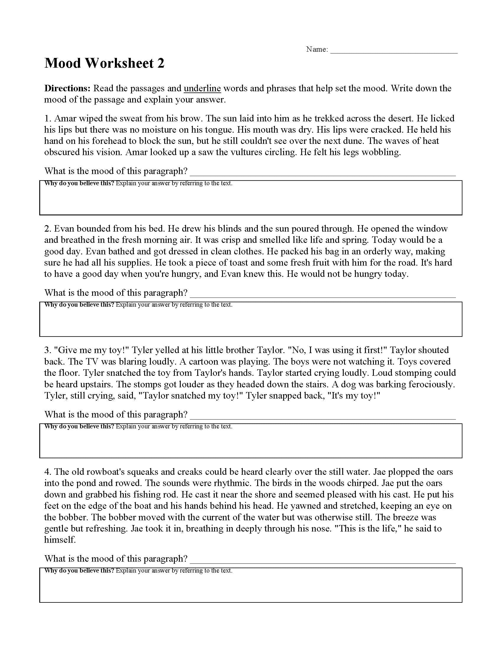 Mood Worksheets Reading Comprehension Activities
