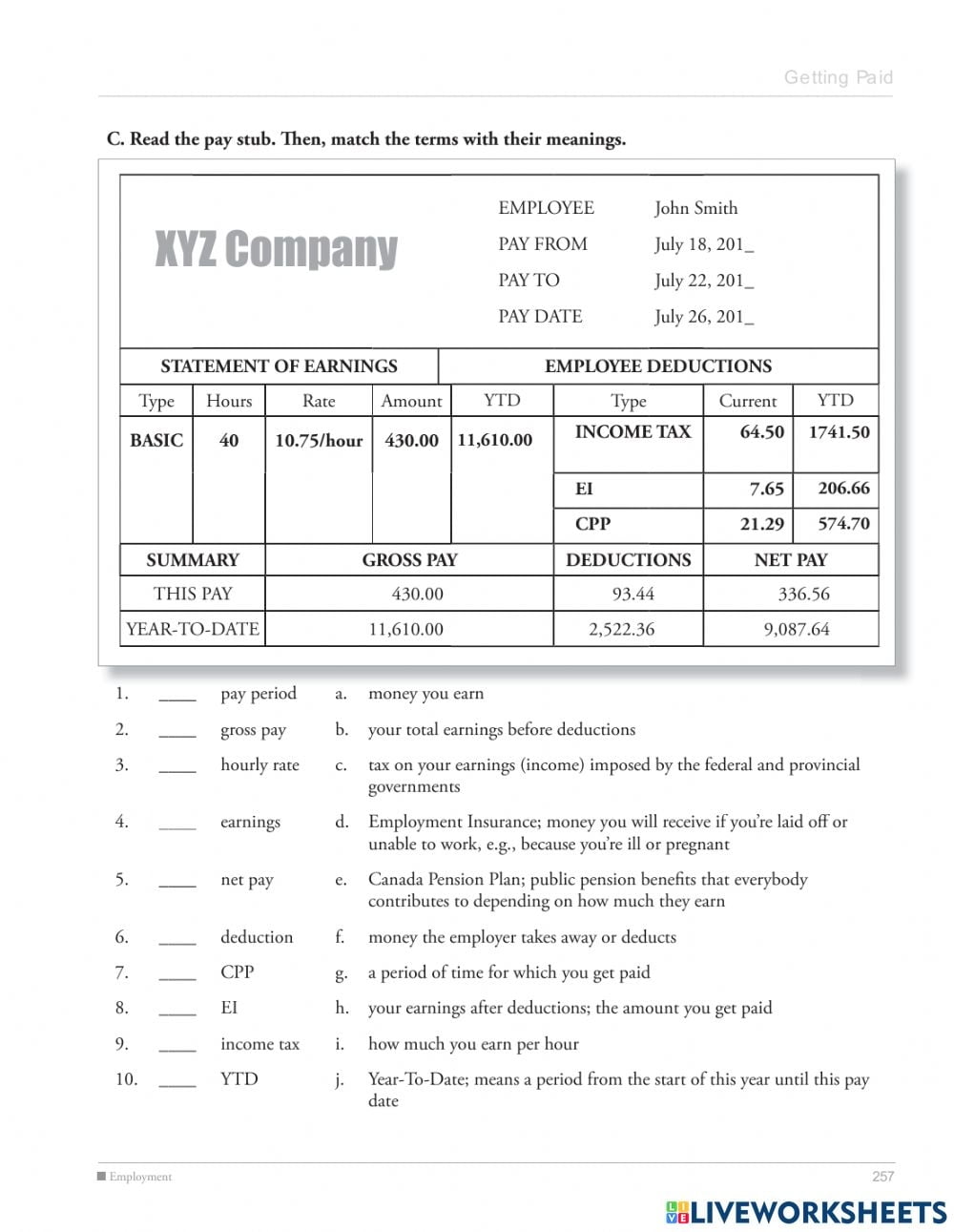 Pay Stub Worksheet