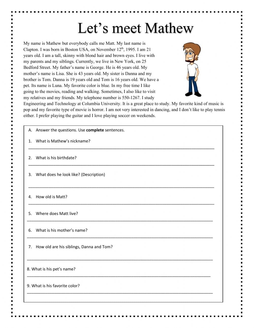 Personal Information Reading Comprehension Worksheet