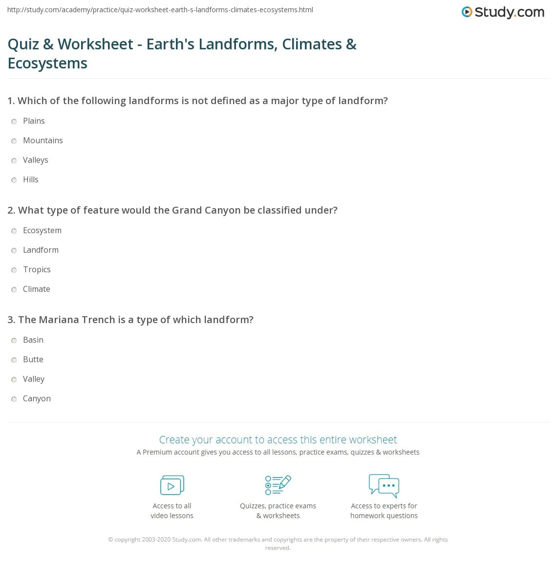Quiz Worksheet Earth s Landforms Climates Ecosystems Study