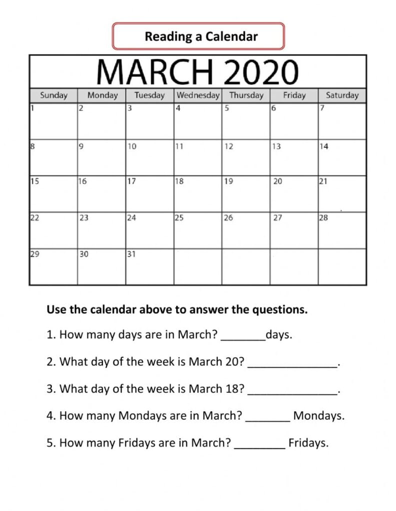 Reading A Calendar Worksheet Reading Worksheet Printable