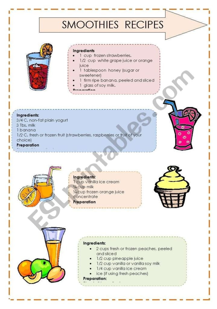 Reading Comprehension Smoothies Recipes 2 2 ESL Worksheet By Cassy