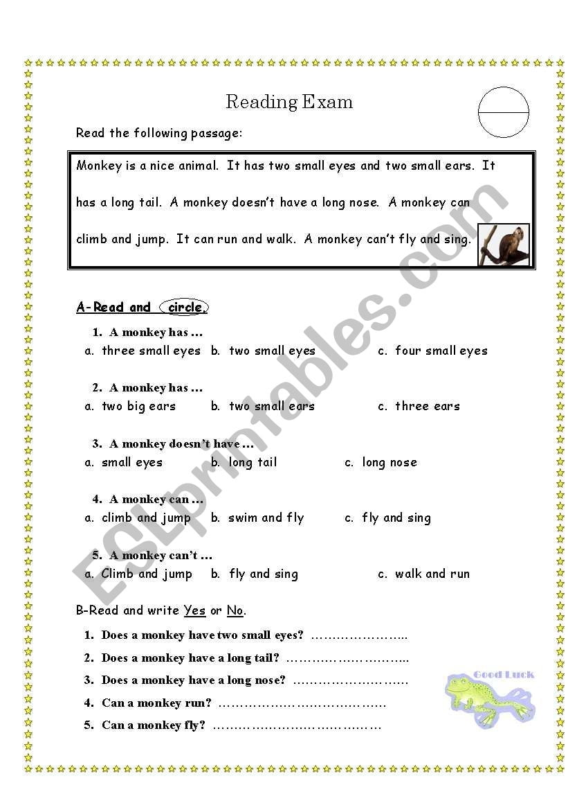 Reading Comprehension Test For Grade 3 ESL Worksheet By Glamorous