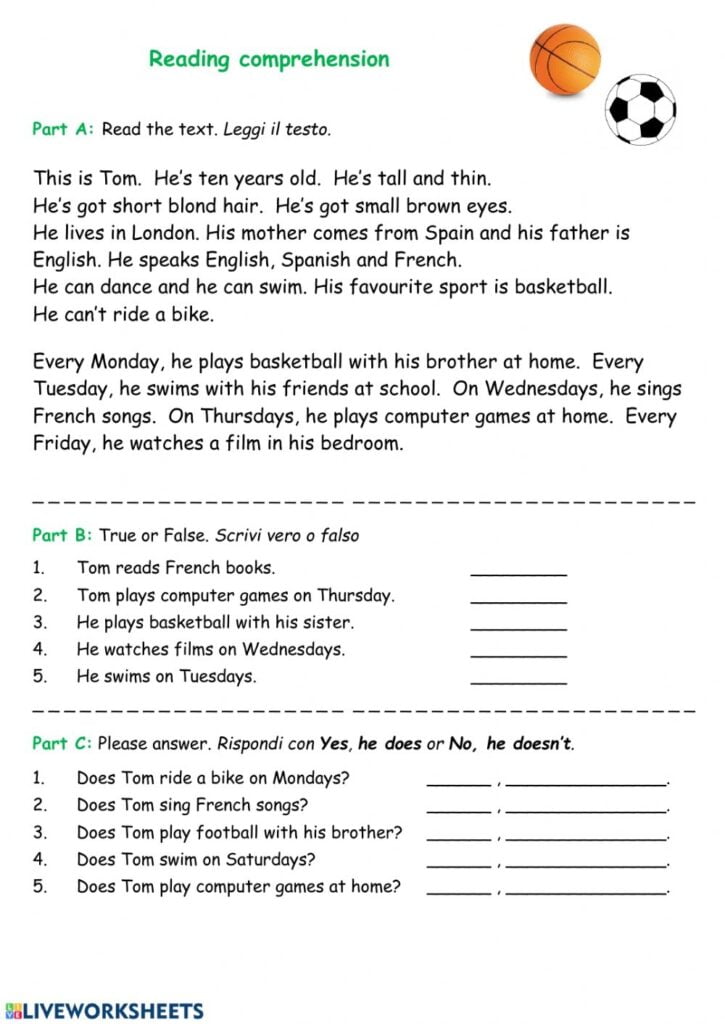 Reading Comprehension Worksheet For Elementary