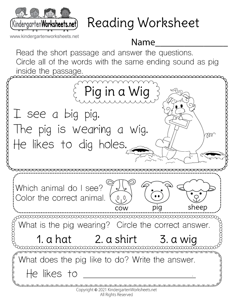Reading Comprehension Worksheet For Kindergarten Printable