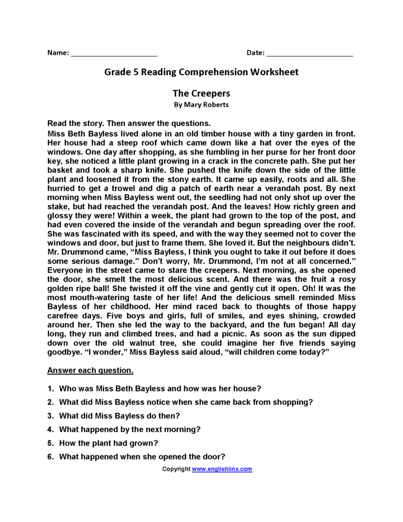 Printable Reading Comprehension Worksheets For 5th Graders Reading