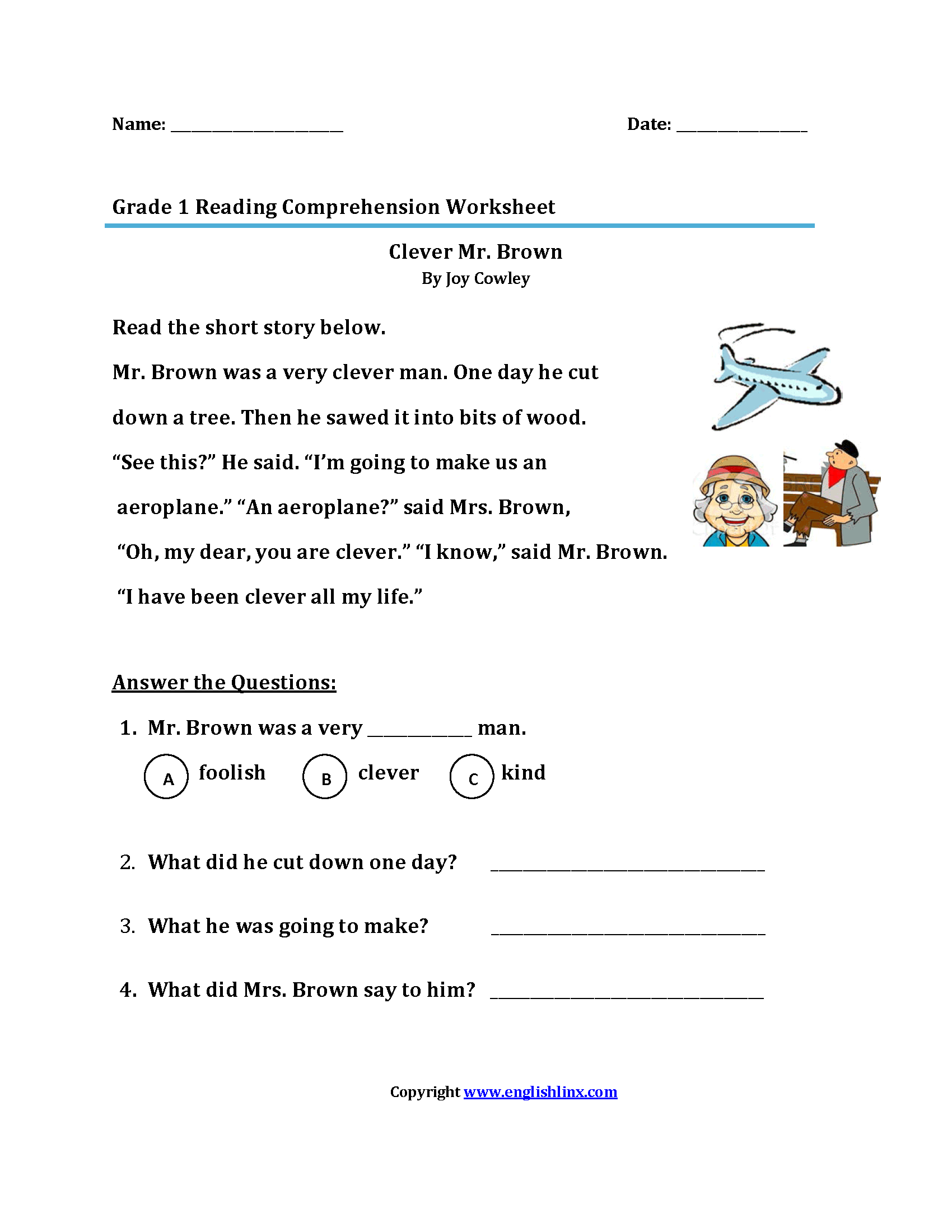 Free Printable Reading Comprehension First Grade Worksheets