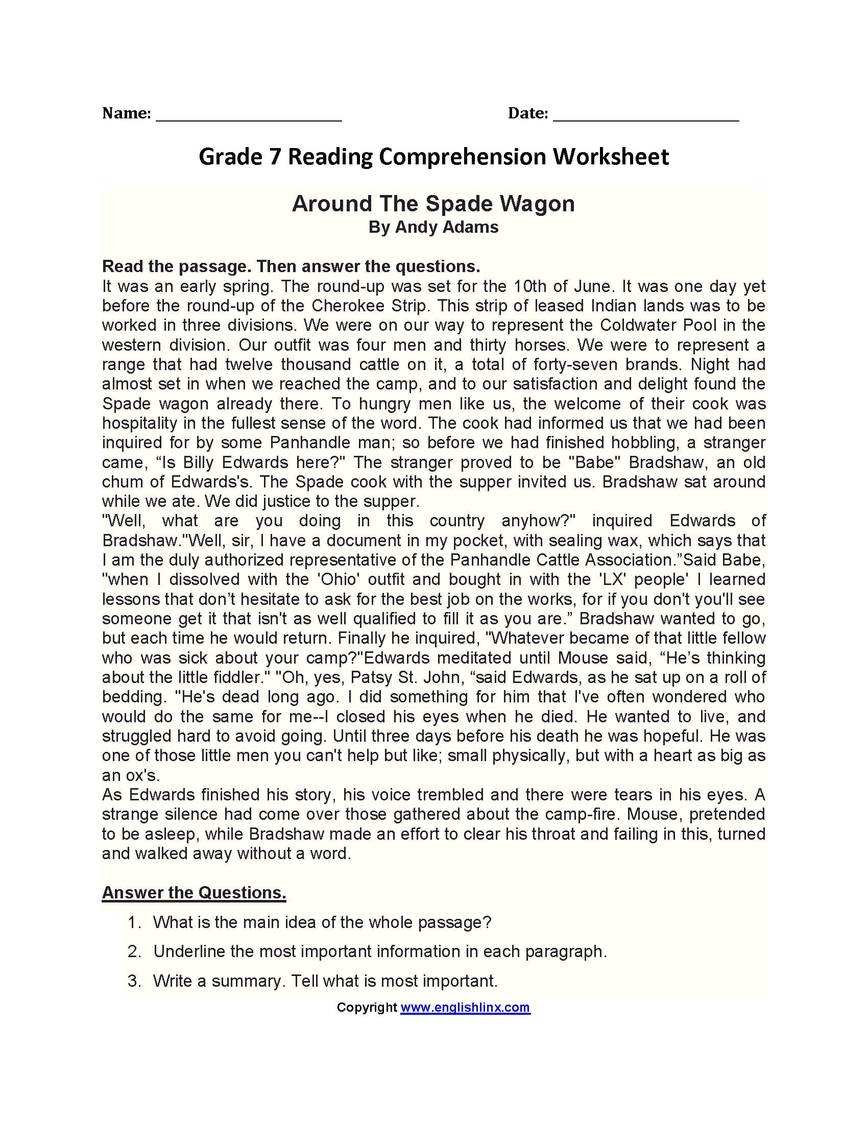 Printable 7th Grade Grade 7 Reading Comprehension Worksheets Pdf