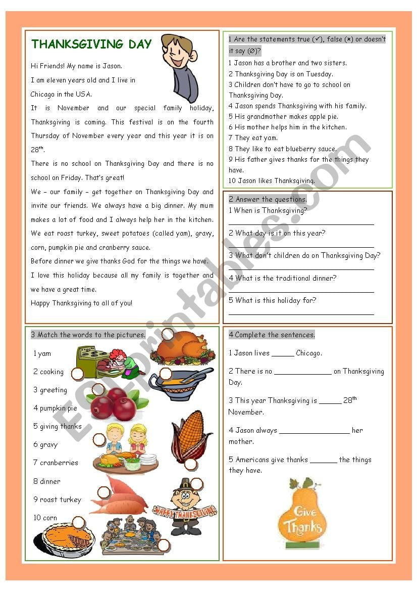 Reading Comprehension Worksheets Thanksgiving Printable