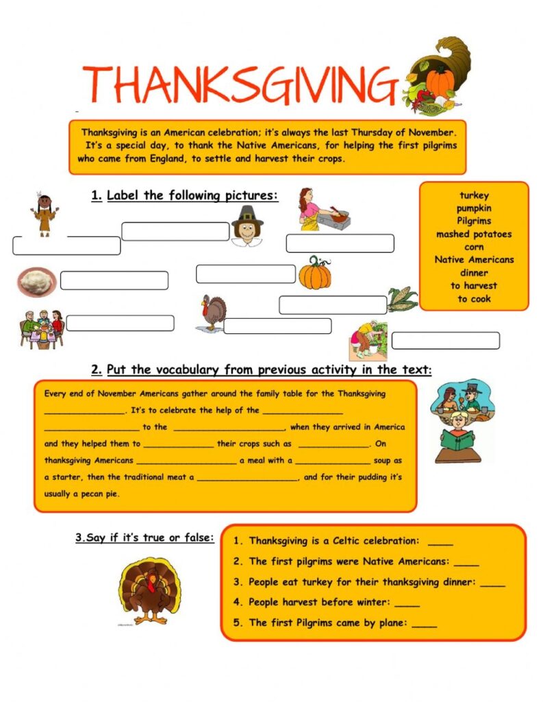 Thanksgiving Reading Exercises Worksheet