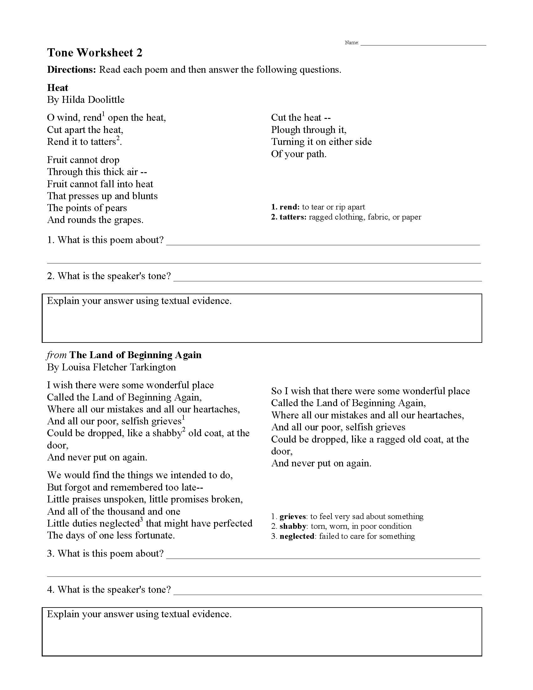 Reading Comprehension Tone Mood Printable Worksheets Reading 
