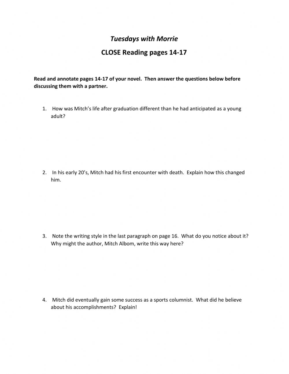 Tuesdays With Morrie 14 17 CLOSE Reading Worksheet
