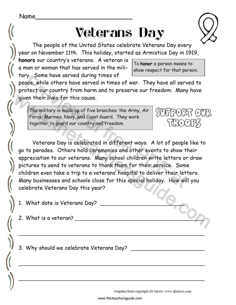 Free Printable Veterans Day Reading Comprehension Worksheets Reading