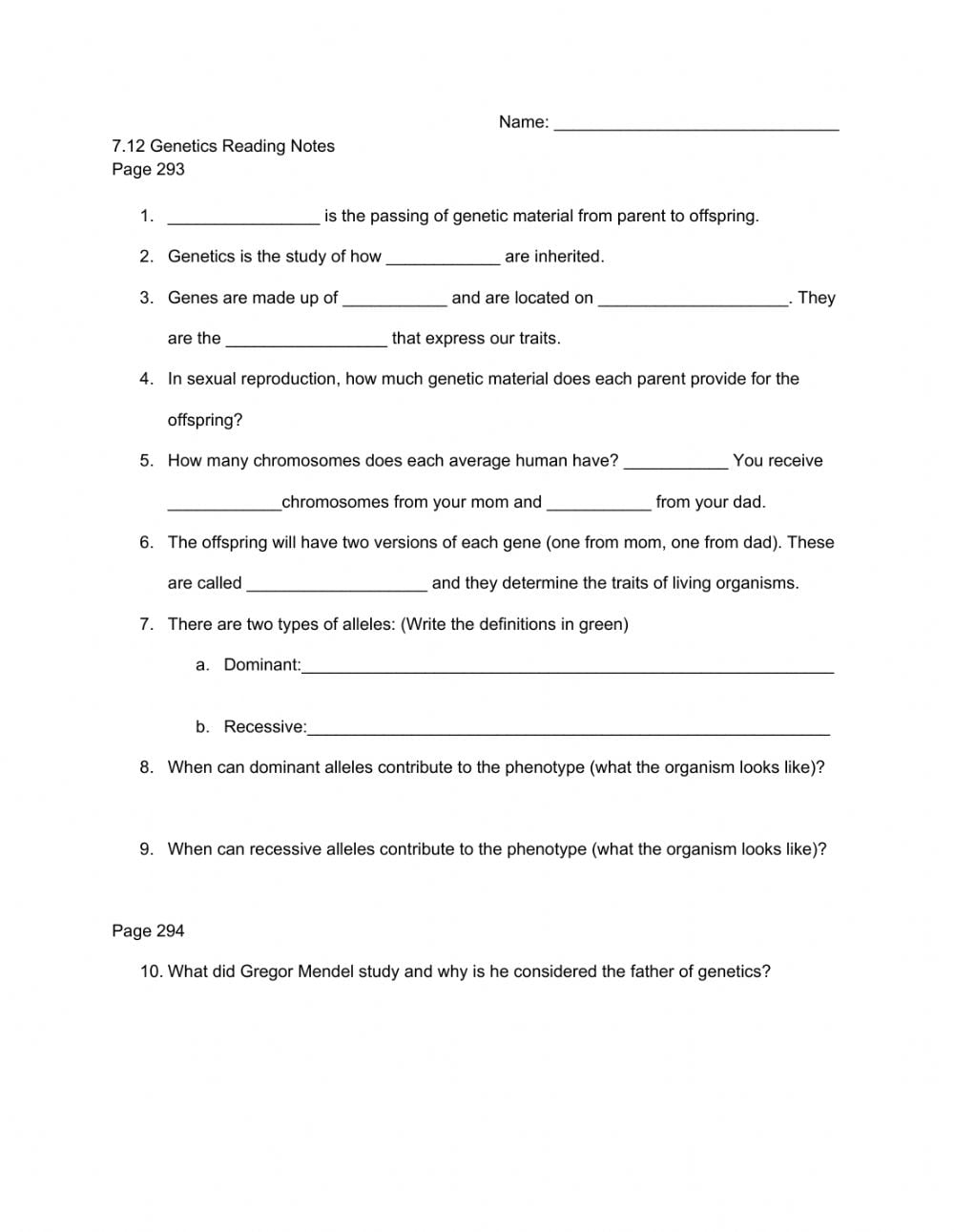7 12 Genetics Reading Notes Worksheet
