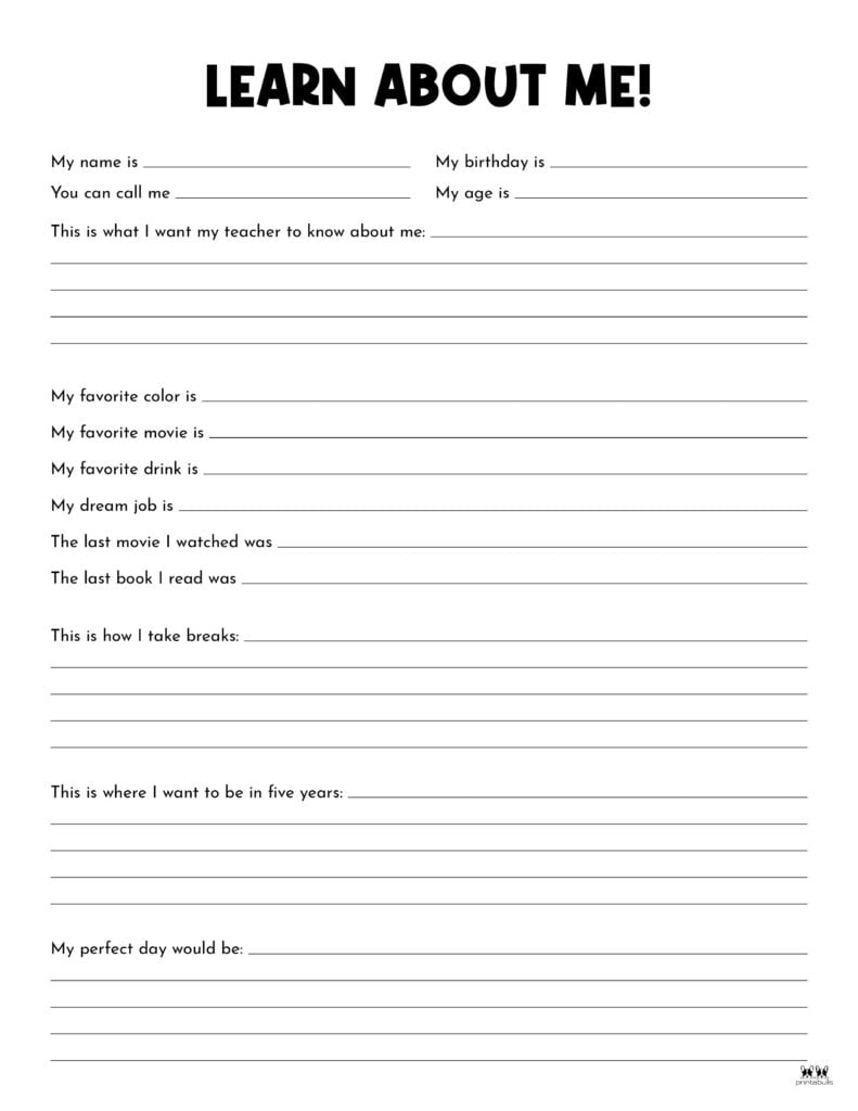 Read All About Me Worksheets