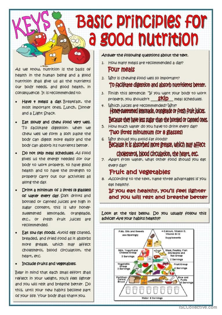BASIC PRINCIPLES FOR A GOOD NUTRITIO English ESL Worksheets Pdf Doc