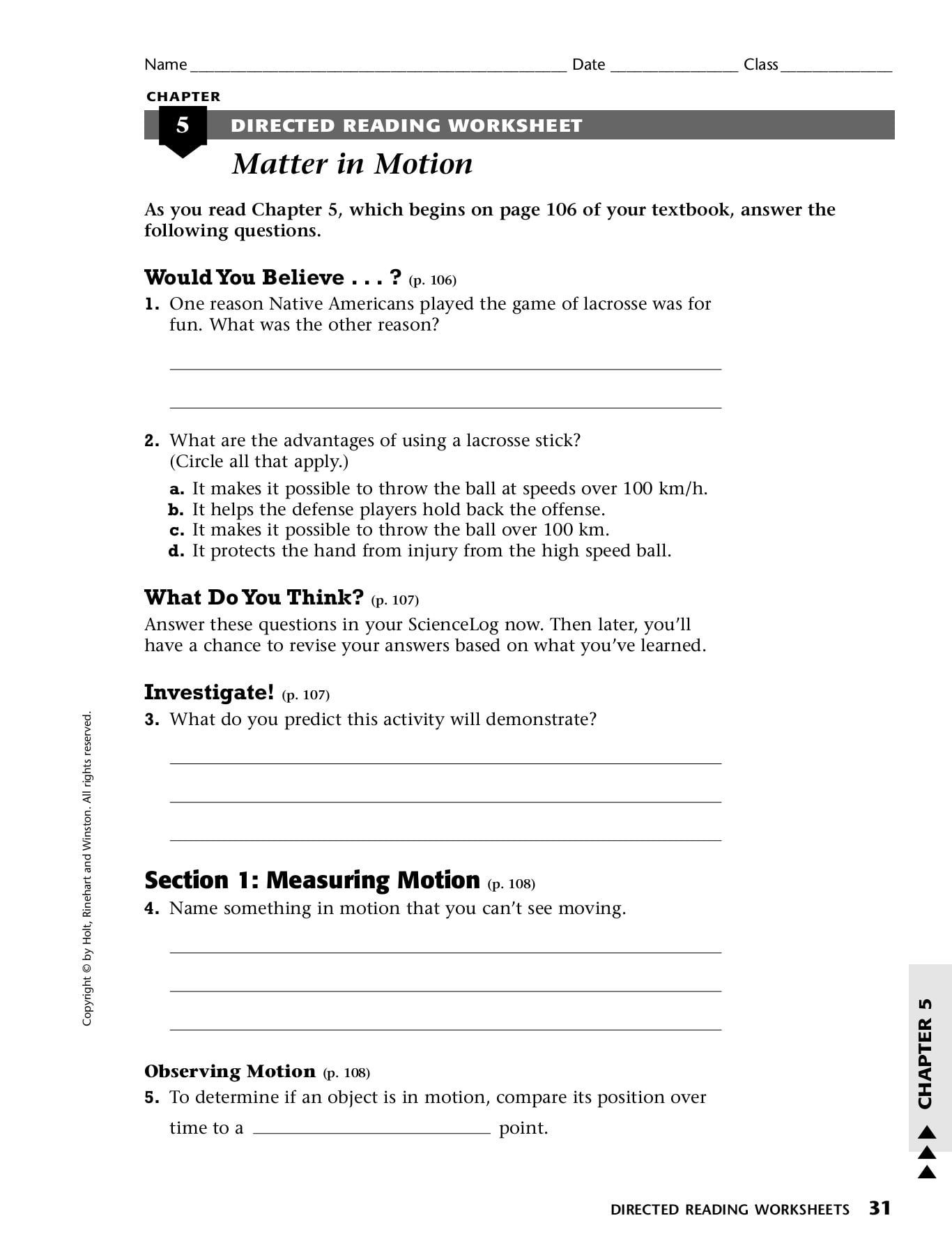 Forces And Motion Reading Worksheets Answer Key
