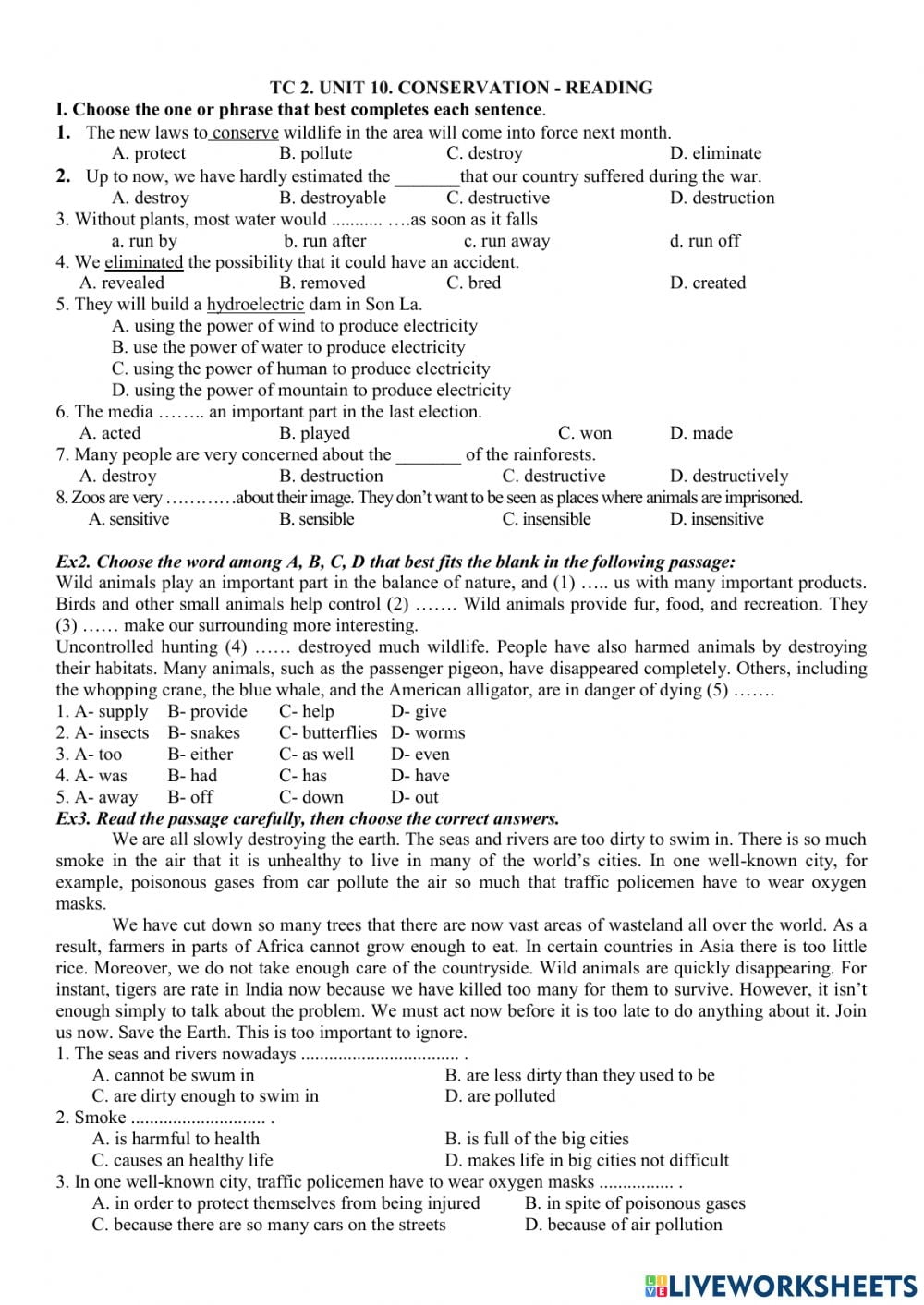 Pollution And Conservation Reading Worksheets Answers