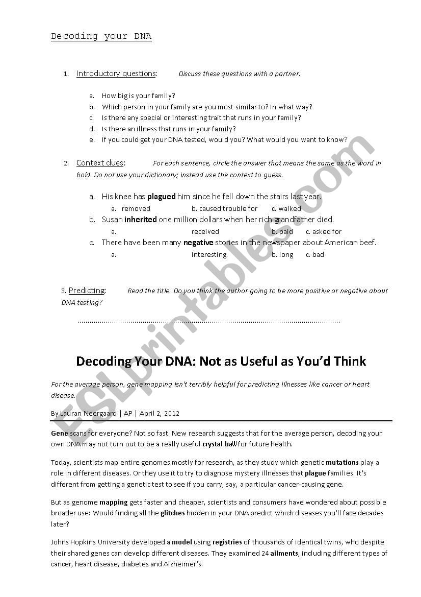Decoding Your DNA ESL Worksheet By Teachingspeeching
