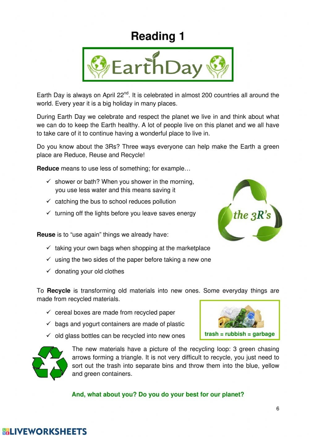 Earth Day Reading Worksheet