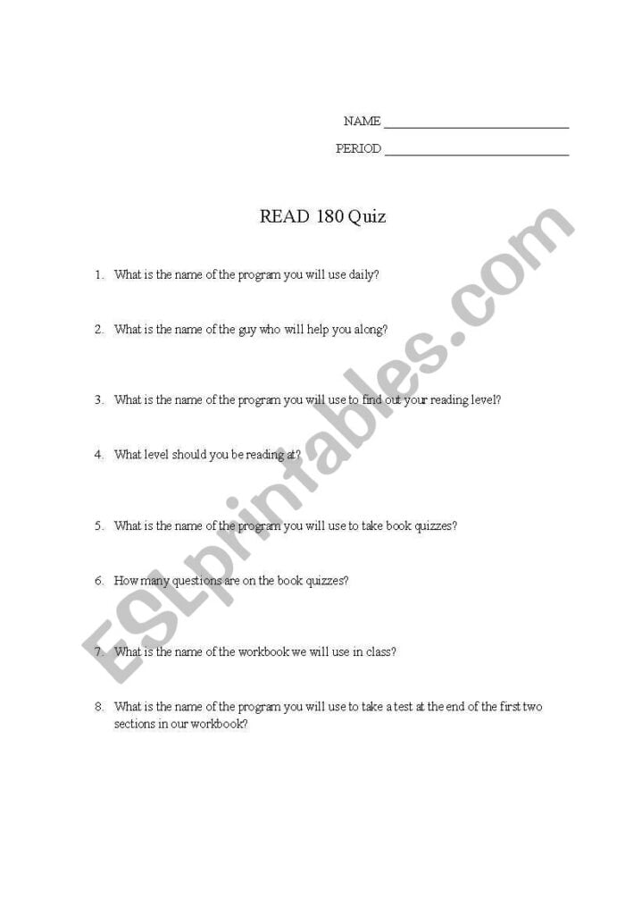 English Worksheets READ 180 Quiz