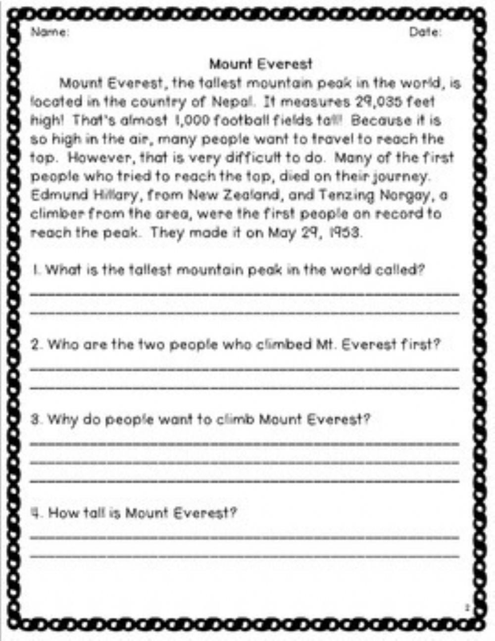 Reading Comprehension Worksheets With Questions