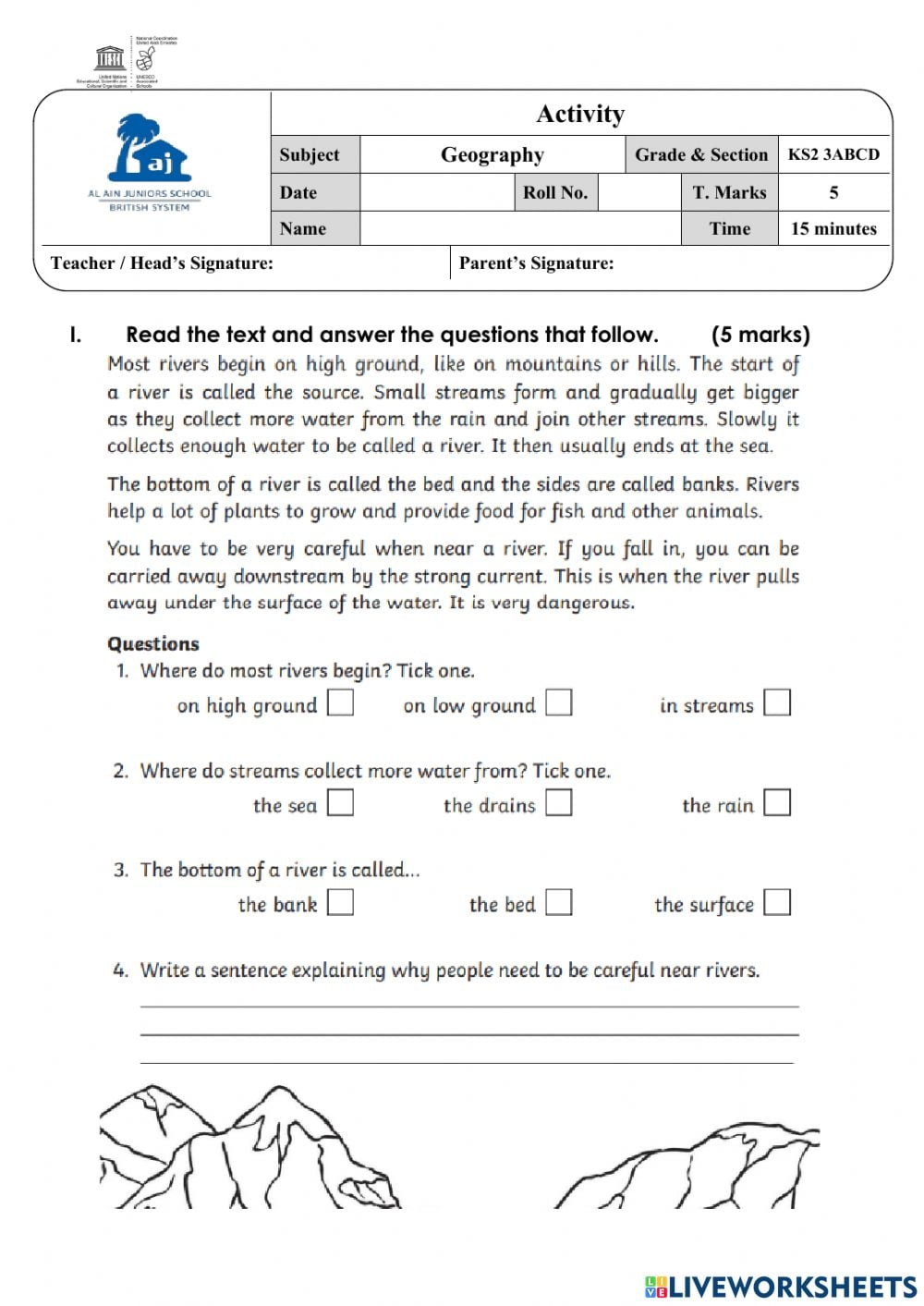 Features Of A River Reading Comprehension Worksheet