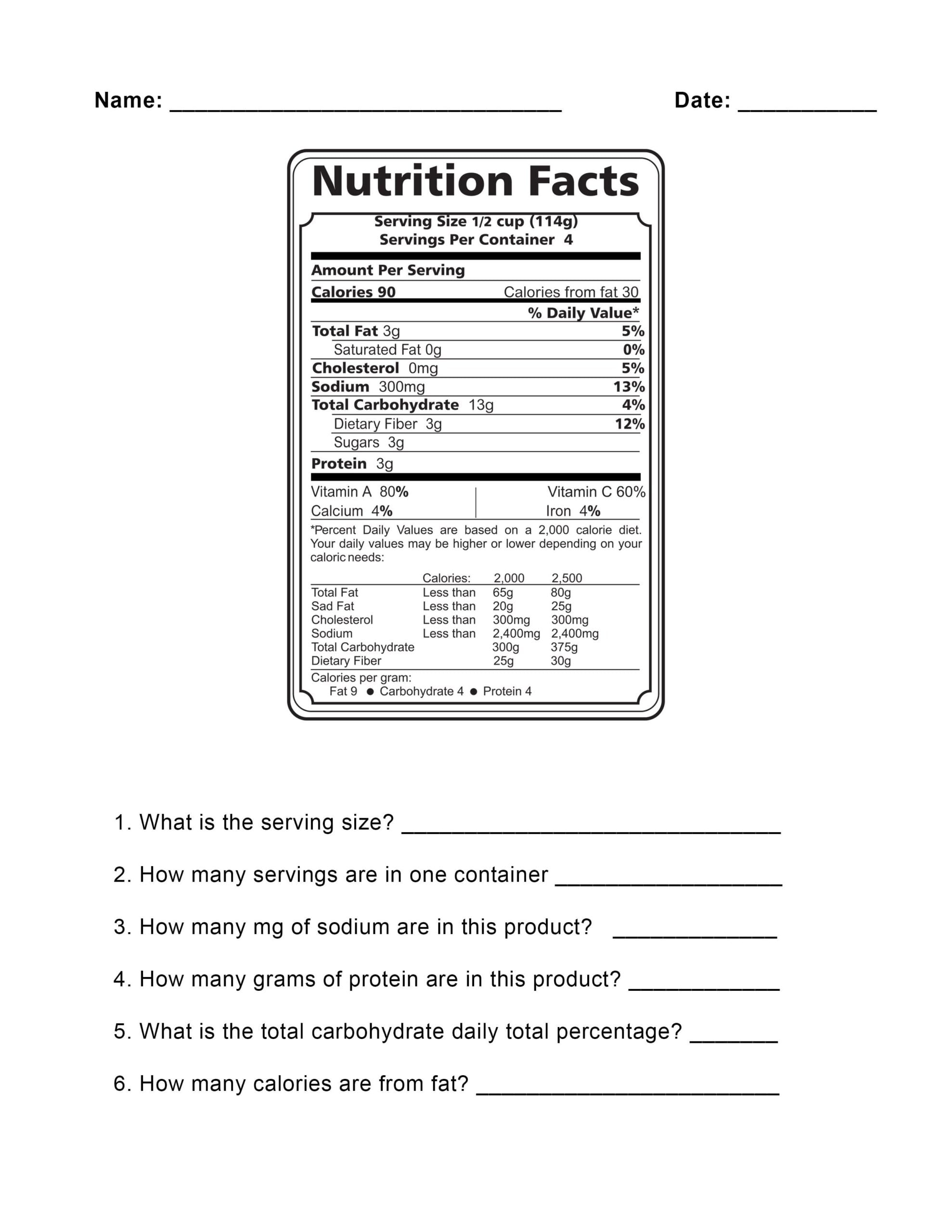 Reading Nutrition Labels Worksheets