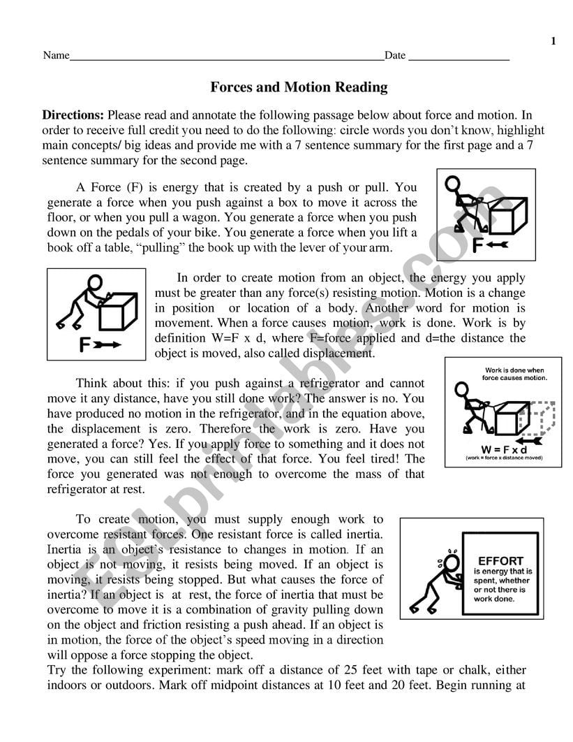 Force And Motion ESL Worksheet By TesM