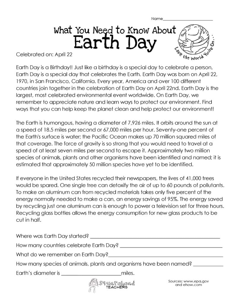 Free Earth Day Worksheet For Kids This Is A Great Seat Work A Earth Day Worksheets Reading Comprehension Worksheets 3rd Grade Reading Comprehension Worksheets