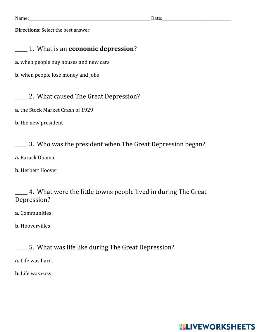 The Great Depression Reading Comprehension Worksheets Pdf