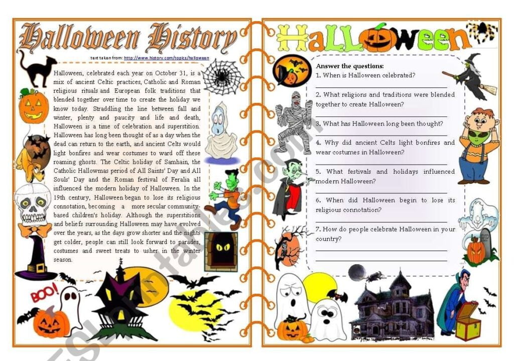 Halloween History Reading Comprehension Vocabulary Grammar 2 Pages fully Editable ESL Worksheet By Zailda
