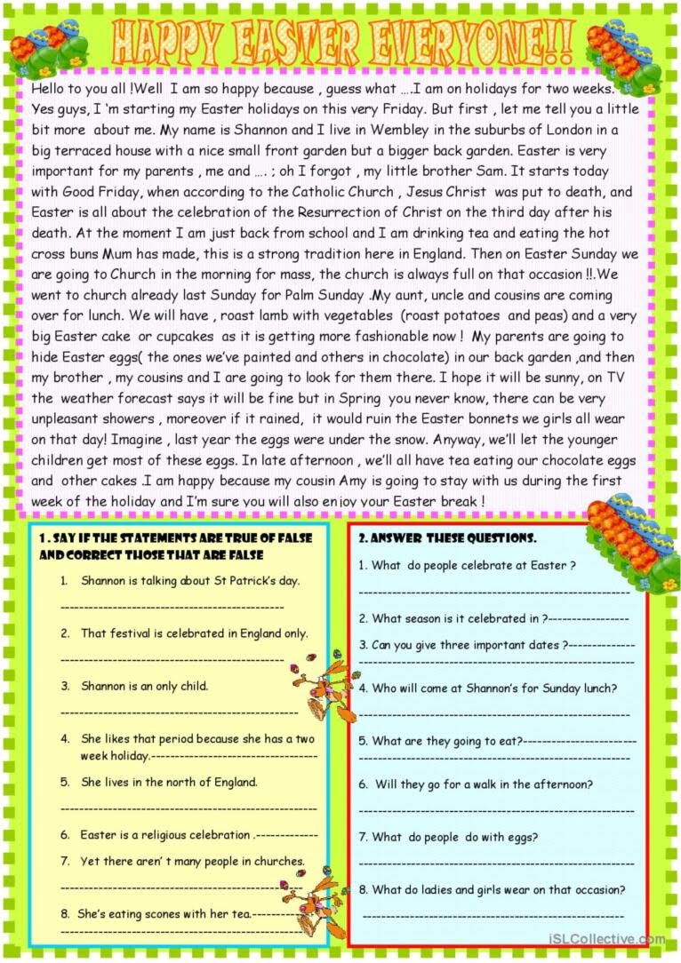 Easter Reading Comprehension Worksheets