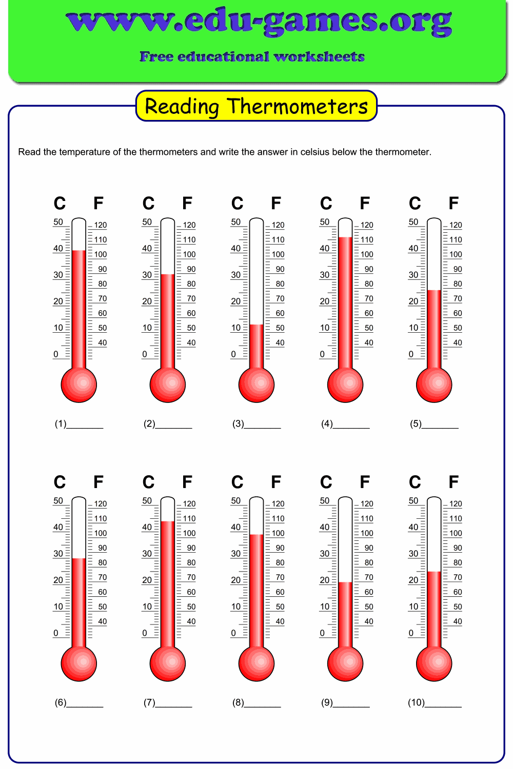 High Quality Reading Thermometers Worksheet With Many Options Celcius Or Fahrenheit Only Temperatures Above 0 O Thermometer Worksheets Educational Worksheets