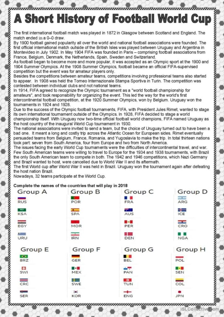 History Of World Cup Reading For Det English ESL Worksheets Pdf Doc