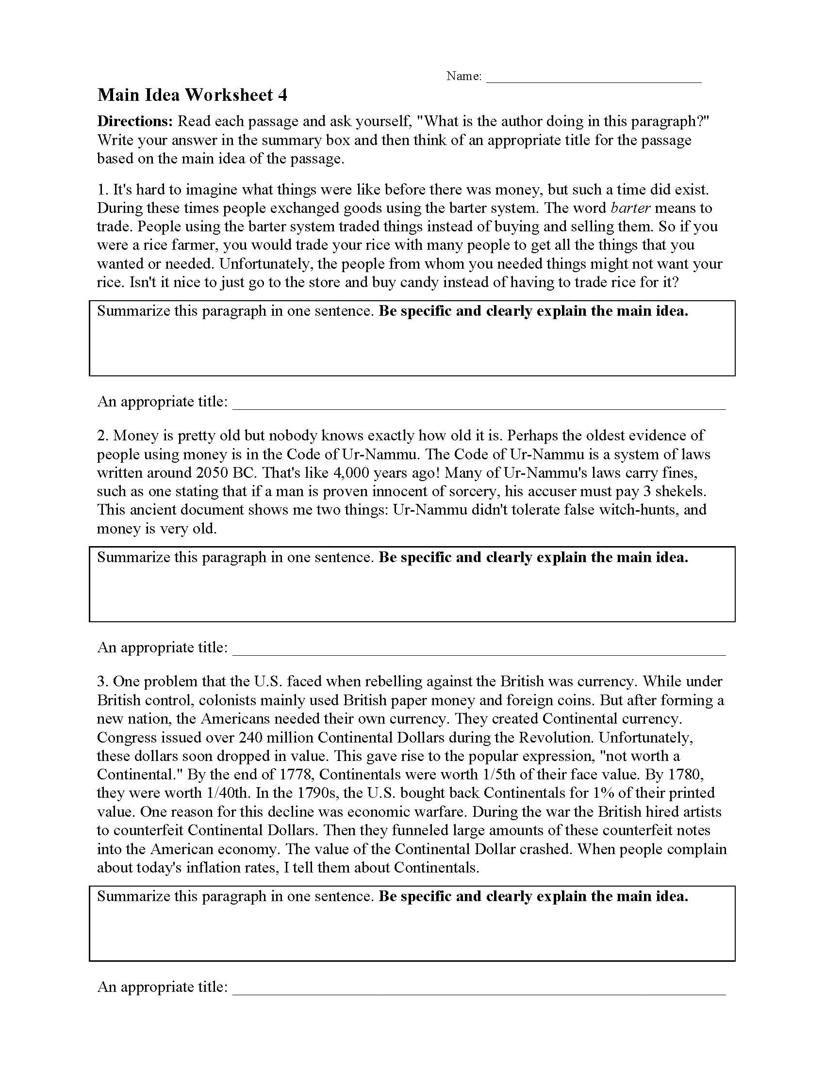 Main Idea Worksheet 4 Reading Activity