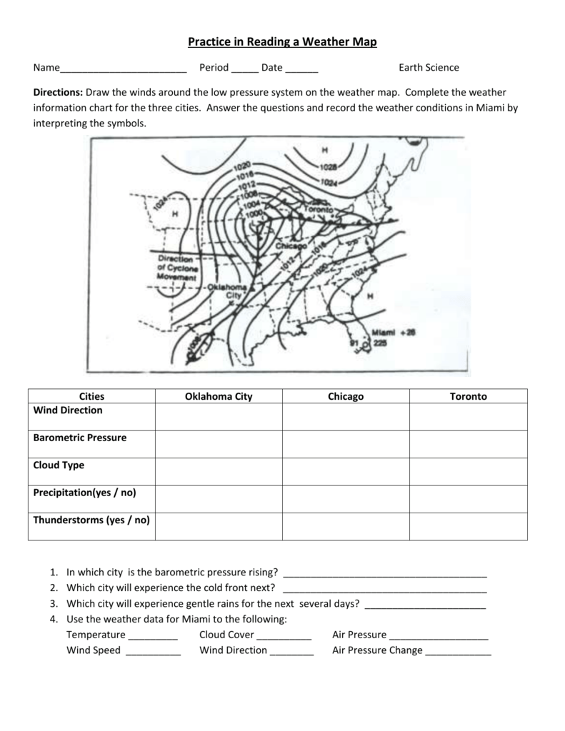 Reading A Weather Map Worksheets Answer Key