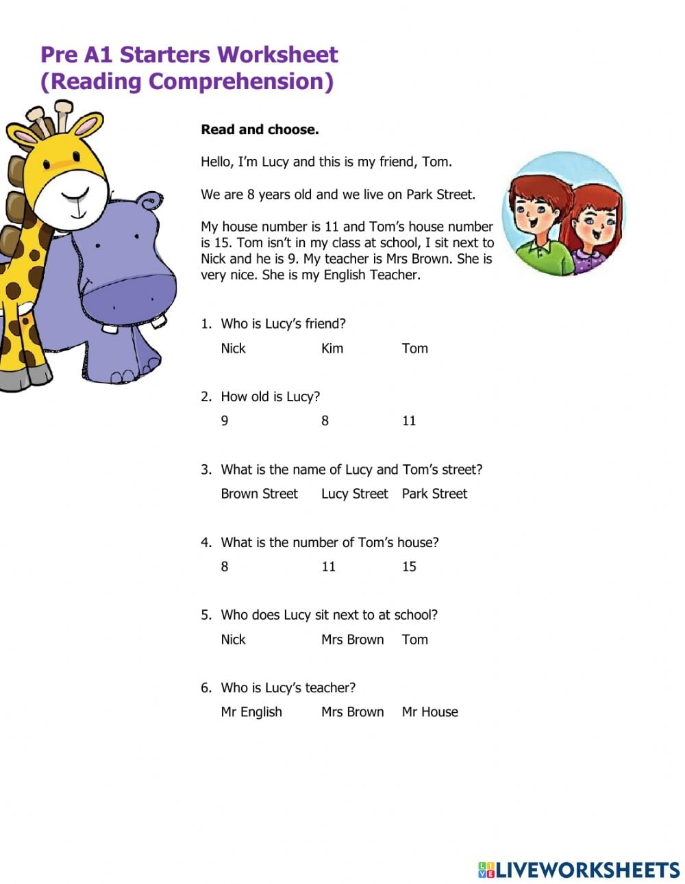 Pre A1 Starters Worksheet Reading Comprehension Worksheet